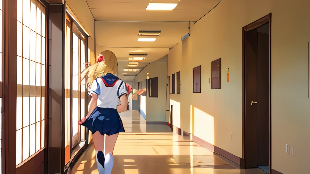 Rear view、running,school hallway,masterpiece,Top image quality,hight resolution,Mabayashi Kitagawa,,Beautiful fece,blonde hair,long hair down to the back,summer sailor uniform,red tie、girl with、black eyes、illustration