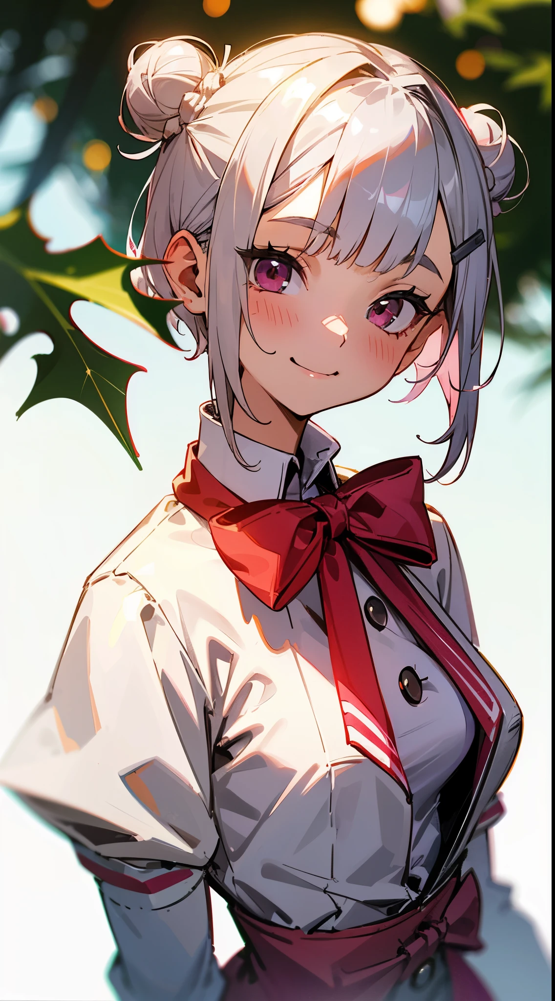 18 year old girl, Wearing Santa costumes、Short hair with silver bob styled in a bun with hair clip、big round pink eyes、A slight smil、Laugh、small tits、Christmas Outdoors、facial close-up