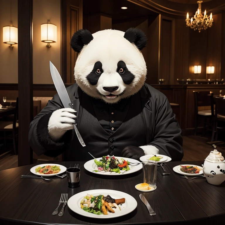 a panda,Anime style,use knife and fork,upscale restaurant,gothic styles,Front composition.