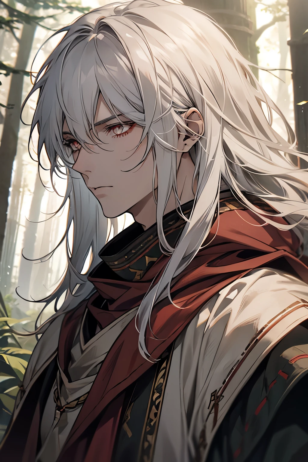 1male, calm, age 35 face, long messy hair with bangs, white hair, red colored eyes, (druid, forest, howl), druid armour