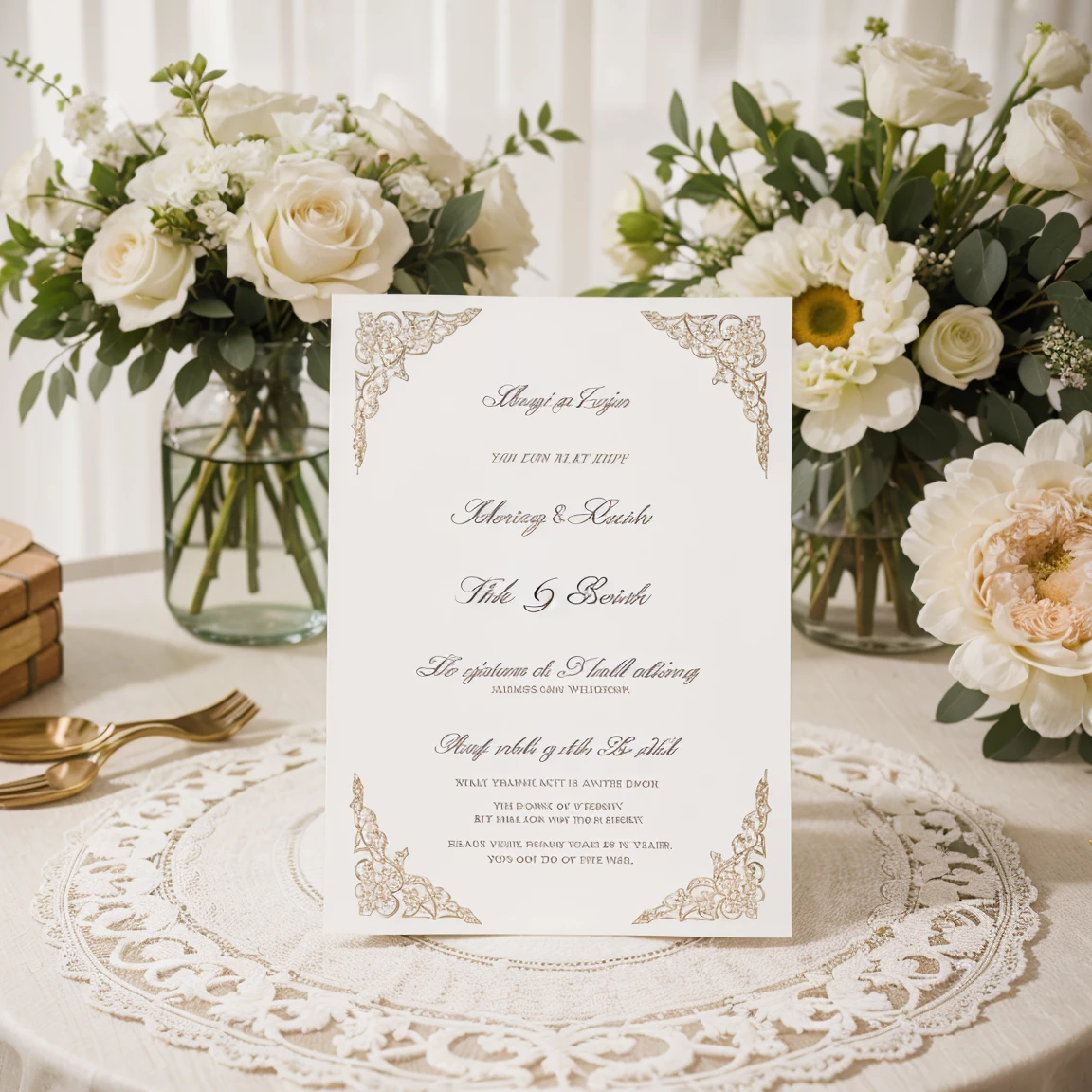 A 5x7 white wedding invitation sitting on a table. There are elements reminiscent of the wedding next to the invitation on the table.