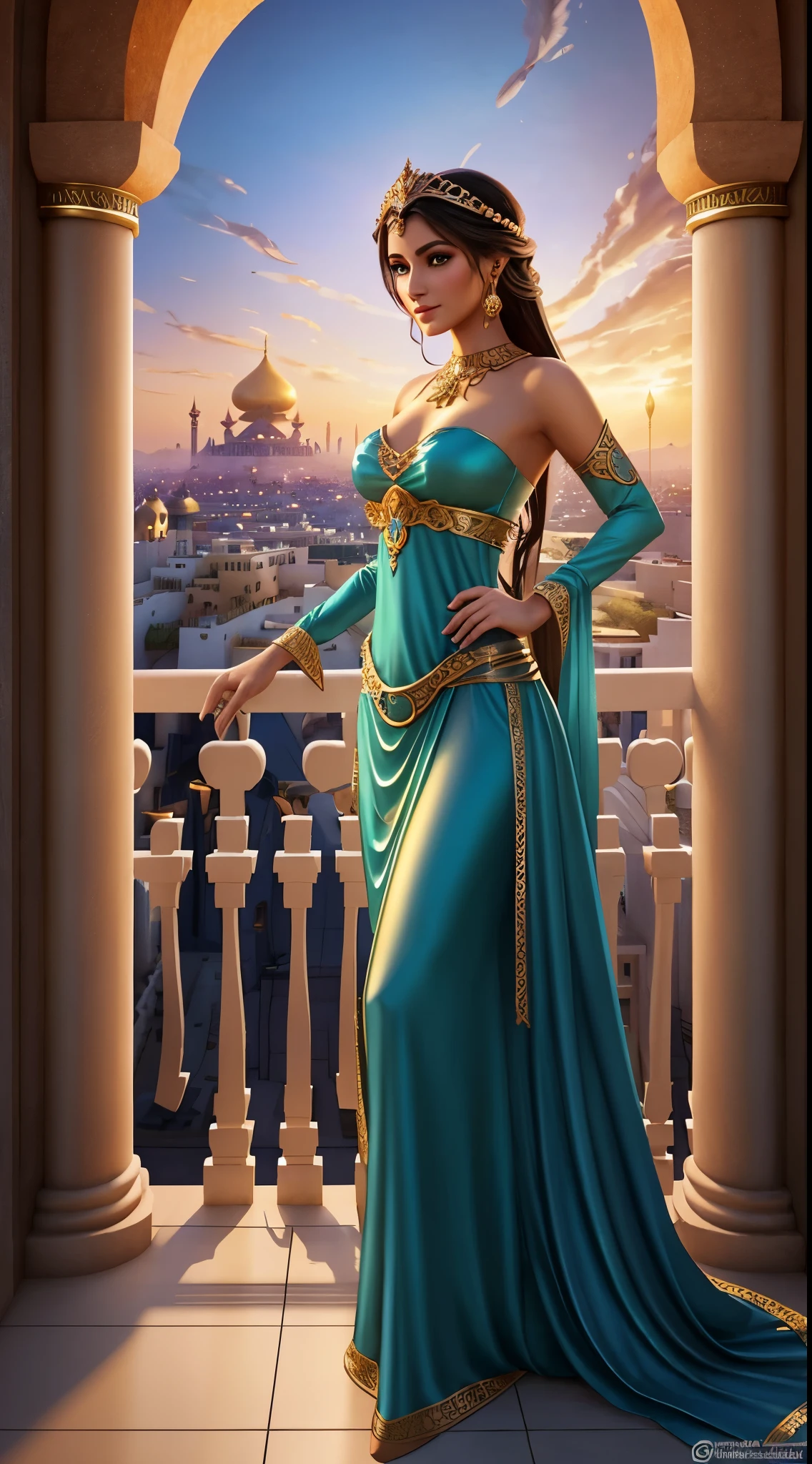 a woman in a dress stands on a balcony against the backdrop of the city, Fantastic gorgeous lighting, beautiful goddess, beautiful character painting, fantasy outfit, beautiful digital artwork, Arabian princess, Beautiful Maiden, exquisite outfit, aesthetic!!!!!! female genie, fantasy woman, beautiful fantasy maiden, beautiful fantasy art, fantasy art style, 🌺 cgsociety, gorgeous woman, Arabian beauty