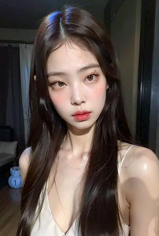 um close up de uma mulher com cabelos longos usando um top branco, Ulzzang, maquiagem sul-coreana popular, Mulher sul-coreana bonita, maquiagem coreana popular, young adorable korean face, linda mulher coreana jovem, wan adorable korean face, menina coreana, korean face features, pale round face, com rosto redondo, beautiful aesthetic face, mulher coreana jovem bonita