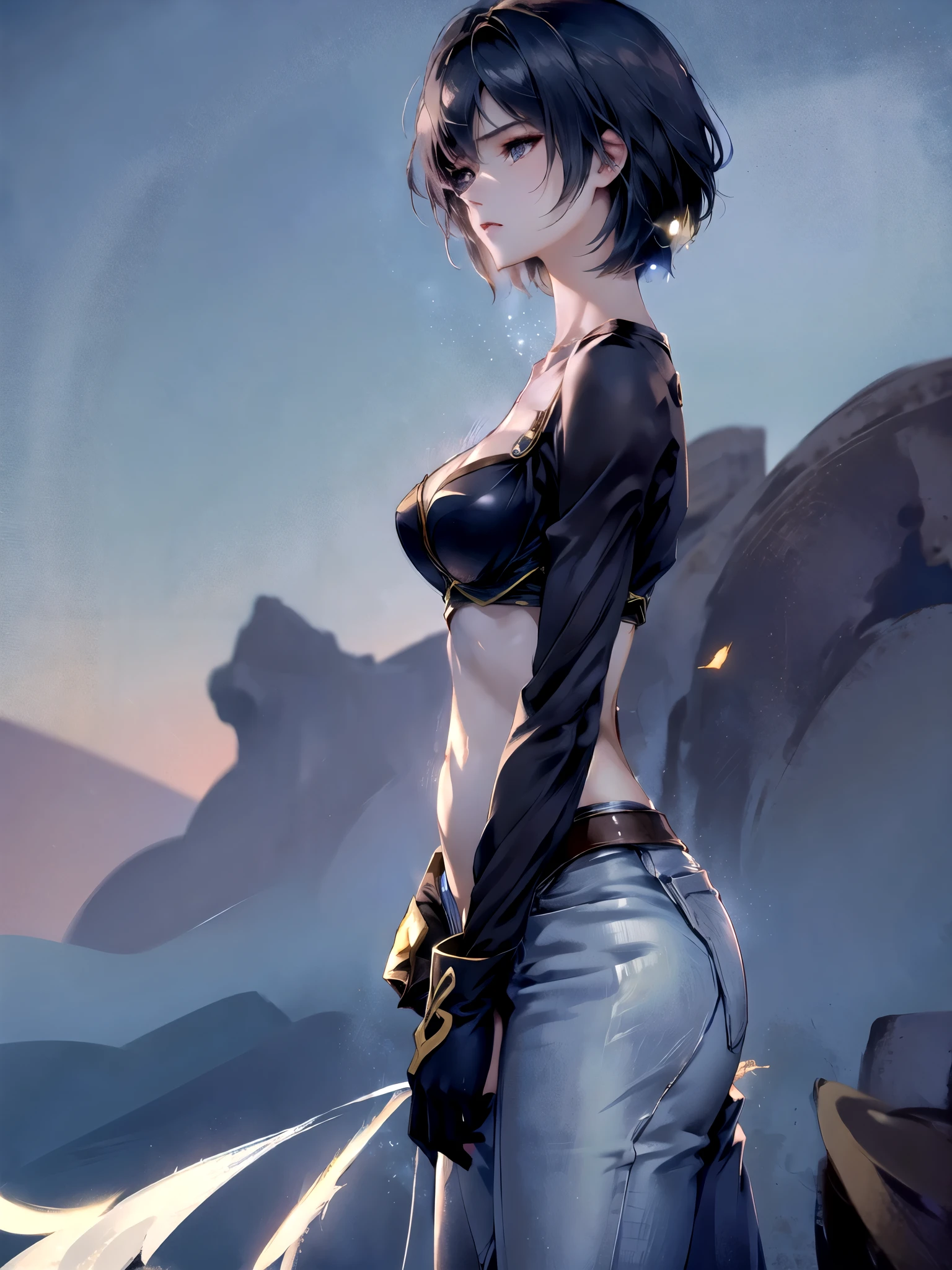 &cite;((workshop)), perfectquality, fat, bulging, full bodyesbian, Breathtakingly beautiful, Jean Farvonian, small, (high quality anime, Shinkai sincerely), Angry, Be red in the face, Standing on the street by the river next to the village, hands on the ?????, looking at viewert, No gloves. Short hair flutters in the wind, with a  background，blue colors, And the line of sight is downward at a low angle, a bright flash of lightning.