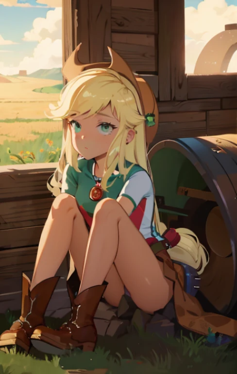 AppleJack, AppleJack from my little pony, AppleJack in the form of a girl, long hair, lush hair, steampunk, steampunk machinery, golden gears, not human, gear leather, cowboy boots, full-length, cowboy hat, apple earrings, on a farm with apple trees, steampunk style, a lot of magic, lightning nets, best quality, very detailed, ultra 8k resolution