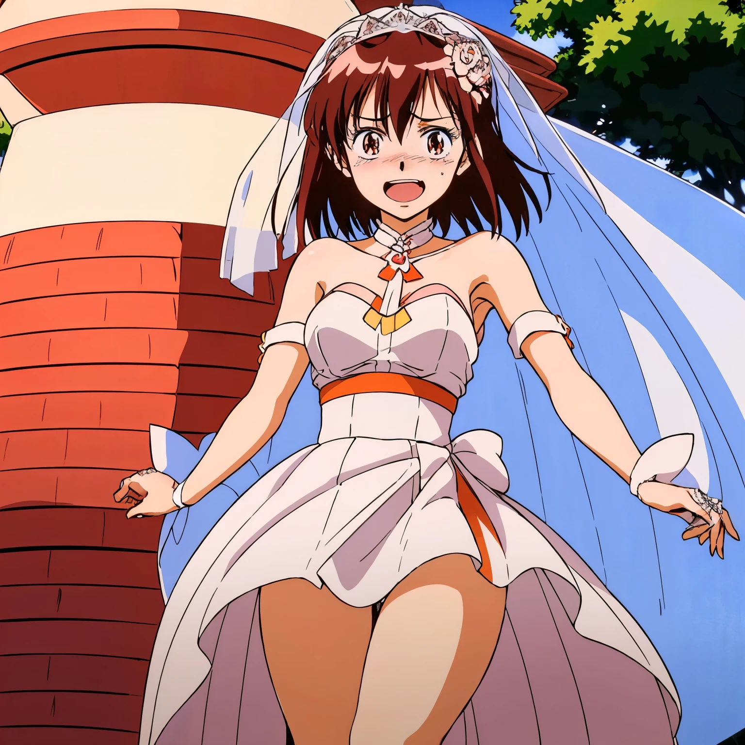 (Best Quality, High Definition, masutepiece:1.2,), Illustration, in the countryside、 1girl in, Full body, (wedding dress ride'costume has been revealed, blush, (((bride))), (((Top image quality))), ((The ultra-detailliert)),(Gainax style illustration), (Beautiful eyes) red blush, (Embarrassed look)), Opening Mouth, A smile, Alice\(Nicke\), (Bride Costume 1.3), masutepiece,Best Quality,Solo, thighs thighs thighs thighs,Smile,Open mouth, Noriko Takaya,1girl in, Medium Hair,Brown hair,Brown eyes,