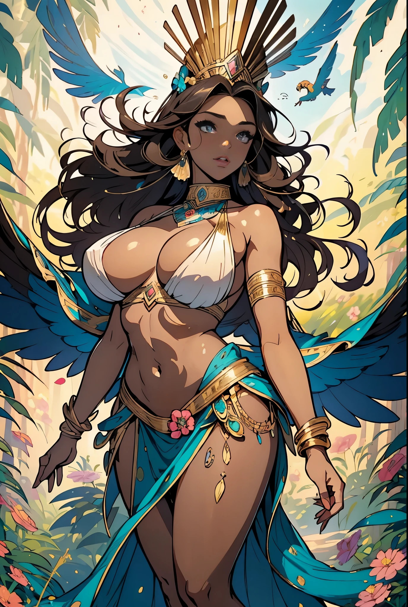 (dark brown skin:1.3),thick thigh, anime hot girl, Random hair color,fulllllbody,Competent body,(Master Masterpiece:1.2)、(beste Quality:1.2), Greek goddess naked Aphrodite, serious and sexy face, supergirl Beautiful woman, has a face of supernatural beauty and short, curly blonde hair decorated with flowers, as well as blue eyes. (perfect anatomy) , (perfect eyes), Wild Xavante India, extreme tanned skin, full body image, extreme long black straight hair messes over naked boobs, huge macaw blue parrot feather headdress, long legs, curvy, indigenous colored breast painting, breast painted bright color, vibrant color facial painting, Long hair, Gradient, Gradient background, full body image centered around the buxom young miller's exceptionally attractive with big breast and reavling exposed cleavage with wide hips and narrow waist and exuding an alluring and voluptuous physique that radiates warmth and sensuality, gisele bundchen, cheerfull and happy expression on her face, hyper-realistic photography portrait, beautiful lips,detailed large eyes, Her eyes are a striking and inviting feature, extreme abnormally huge boobs, tranquil flower princess with soft hair dancing in the wind and intricately braided. Her sweet face has puffy, kissable lips and stunning, highly realistic eyes, hires eyes, 8k eyes, beautiful detail eyes, realistically shaded eyes, dazzling big eyes and realistic eyes in vibrant colors. She is wearing delicately detailed colourful fabric of gossamer silk and satin, midst of the most beautiful meadow in the world and is surrounded by beautiful flowers of varying sizes and colors, with delicate flowers dancing in the wind and creating a dynamic and compelling image