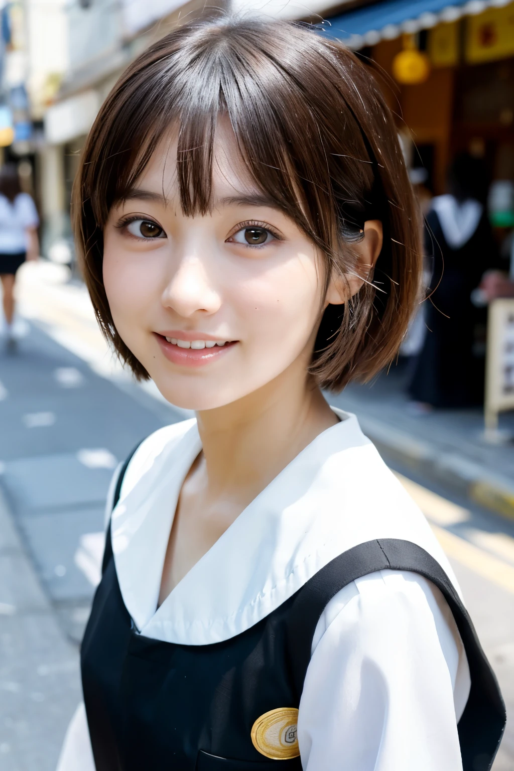 masterpiece, highest quality, 8k, disorganized person, (Upper Body:1.4), Stylish cafe,White shirt, beautiful girl, Pretty face, Looking at the audience, smile, Ultra-realistic, High resolution, photograph, Sharp focus, High resolution, Face Light, Dynamic Lighting, movie lighting, professional shadow, Beautiful cafe background, Best details, Very detailed, Very detailed, finely, real skin, Delicate facial features, Detailed face and eyes, Sharp pupils、Real students、smile showing teeth、