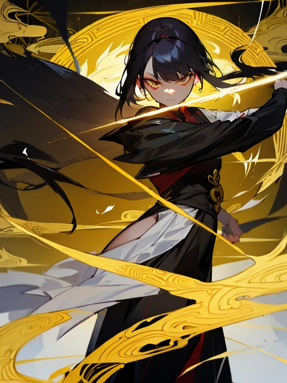 of a guy，black and gold dress,Black bandana, Black hair bundles, black and gold snake, 砍下youkai的头, behead, youkai, lightning bolt, firestorm, Stormy weather,Espada，Robes, monarch, gray long knife, chinesedragon, , chinese painting style, Thangka style