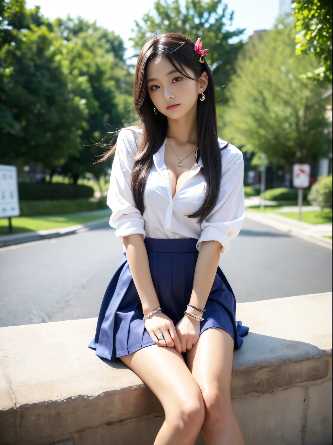 Photorealistic perfect body、Ultra-high image quality、Ultra-high realistic image quality、(Wearing a schoolgirl uniform:1.5)、(cleavage of the breastが見える制服のドレスシャツを着ている:1.4)、(Solo)、huge-breasted、(cleavage of the breast:1.3)、(Hibiscus hair ornament and twin-tailed hair:1.2)、Waist slender、overknee socks、Suede boots、a blond、Hair of medium length、japanes、(Teenage face)、Gal style necklace、Gal style bracelet、Gal style earrings Garuru body