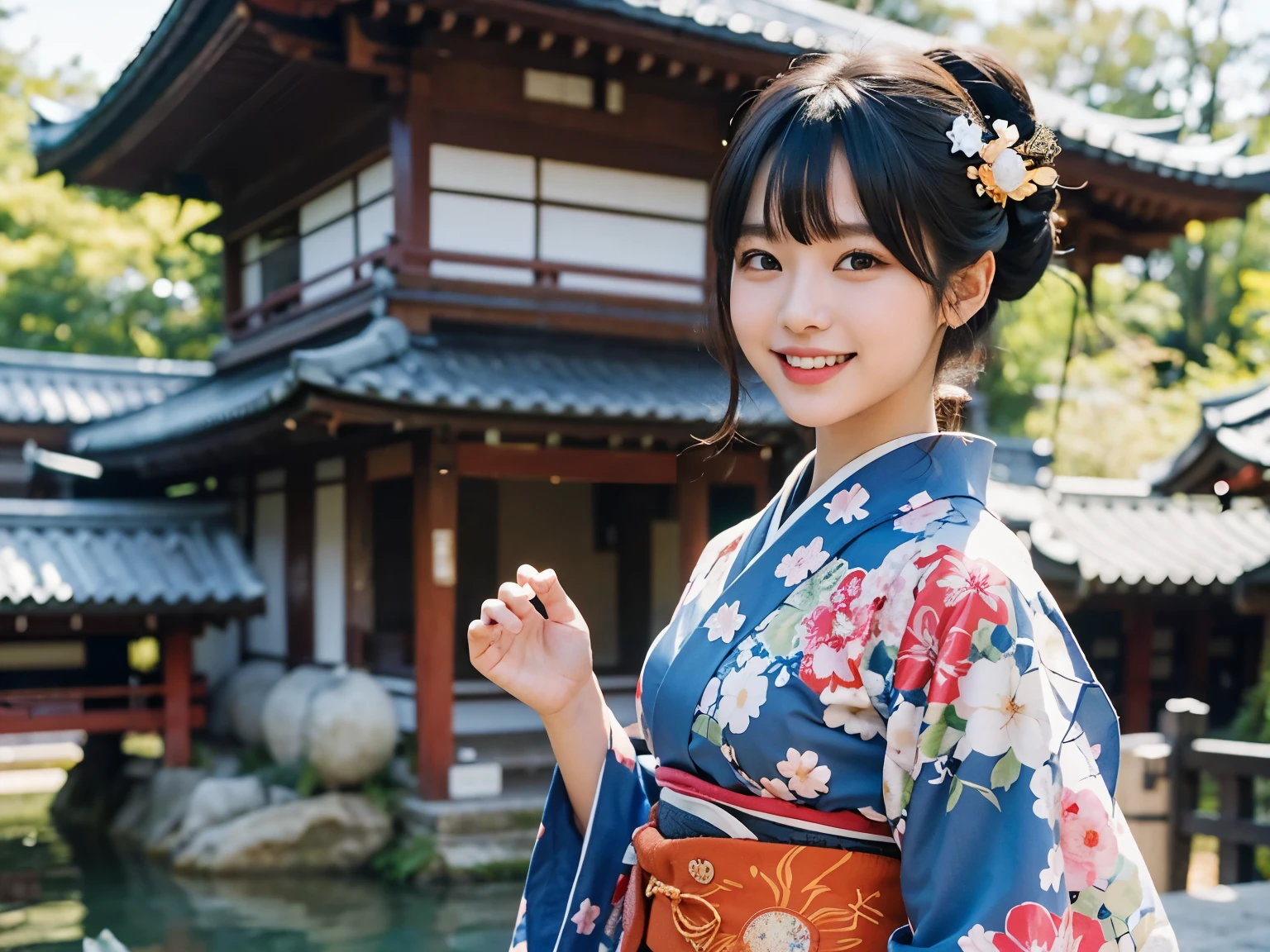 Beautiful woman wearing Japanese kimono, looking at the camera and smiling. Twenty years old. Black hair. The place is a shrine.