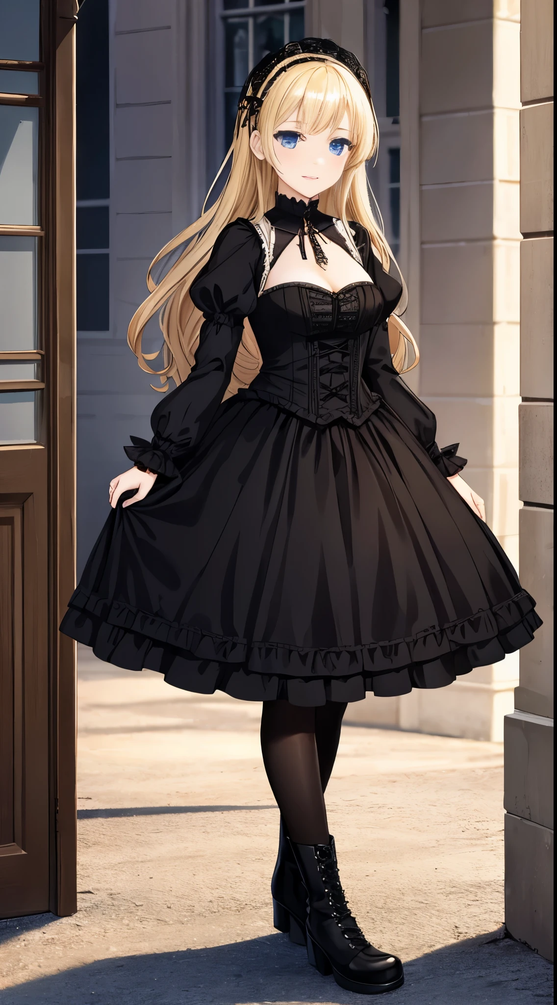 A woman in a dress and boots is standing in front of a building, baroque dress, in detailed steampunk dress, an elegant gothic princess, victorian gothic lolita fashion, historical baroque dress dark, black gothic lolita dress, fantasy style clothing, rococo dress, black rococo, classical witch, fantasy outfit, wearing a gothic dress, romantic dress, gothic dress,a blond, student,Blue eyes