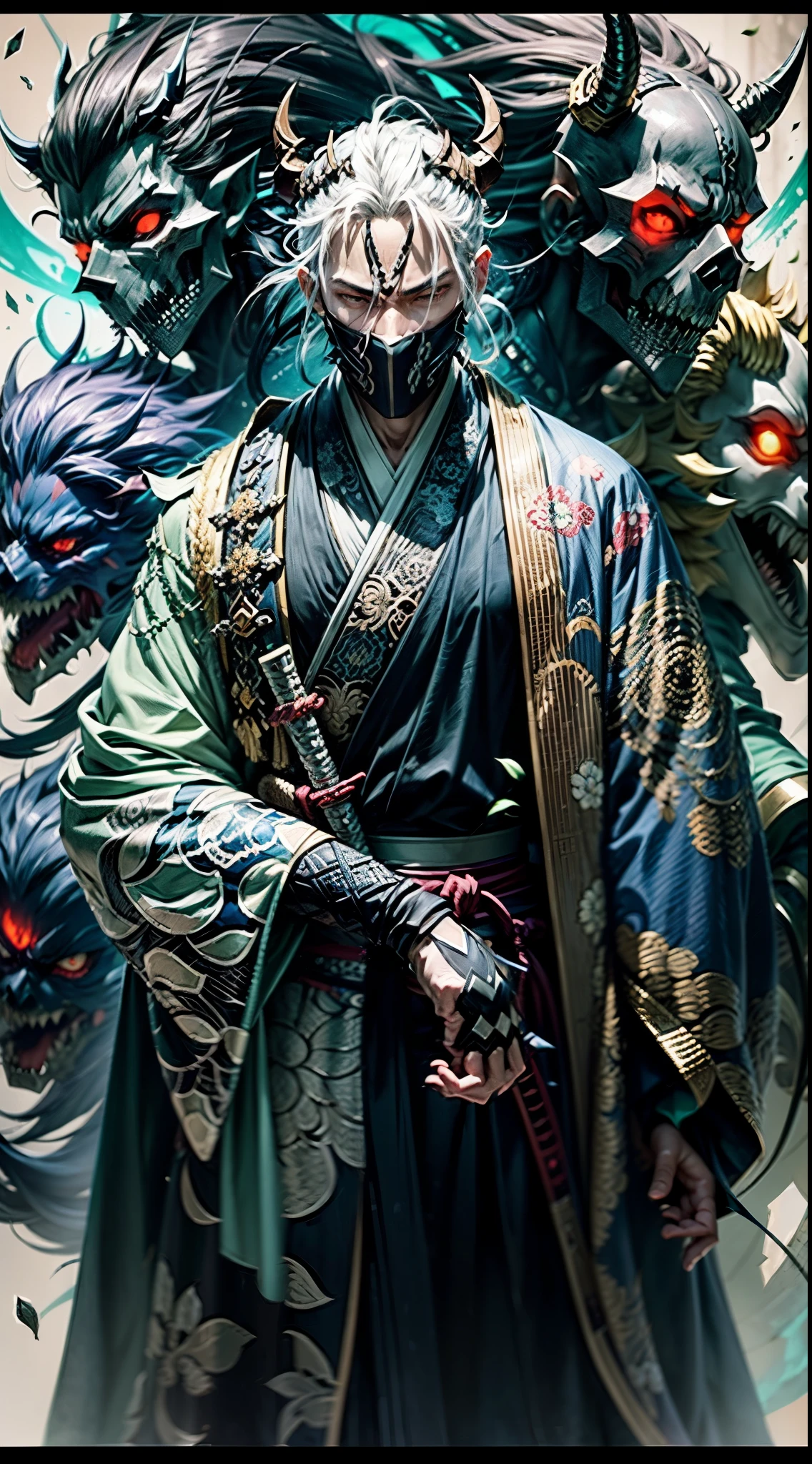 anime character with white hair and blue outfit standing in front of a group of demonic creatures, handsome guy in demon slayer art, trending on artstation pixiv, demon slayer artstyle, onmyoji detailed art, badass anime 8 k, handsome japanese demon boy, beautiful male god of death, samurai with demon mask, detailed anime character art, anime epic artwork