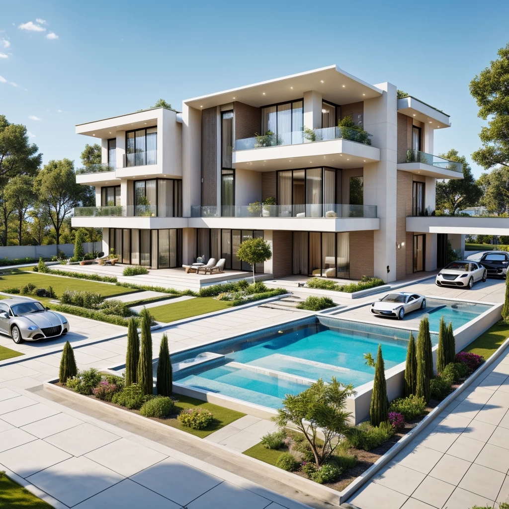 RAW photo,Masterpiece, high quality, best quality, authentic, super detail,
exterior, house style modern on the garden with white wall, glass windows, glass doors,stains, balcony, railing glass
clean line,modernism,Realistic reflexes,realistic light, beautiful summer sky, trees, grass
(day:1.1), vivid colour, vray