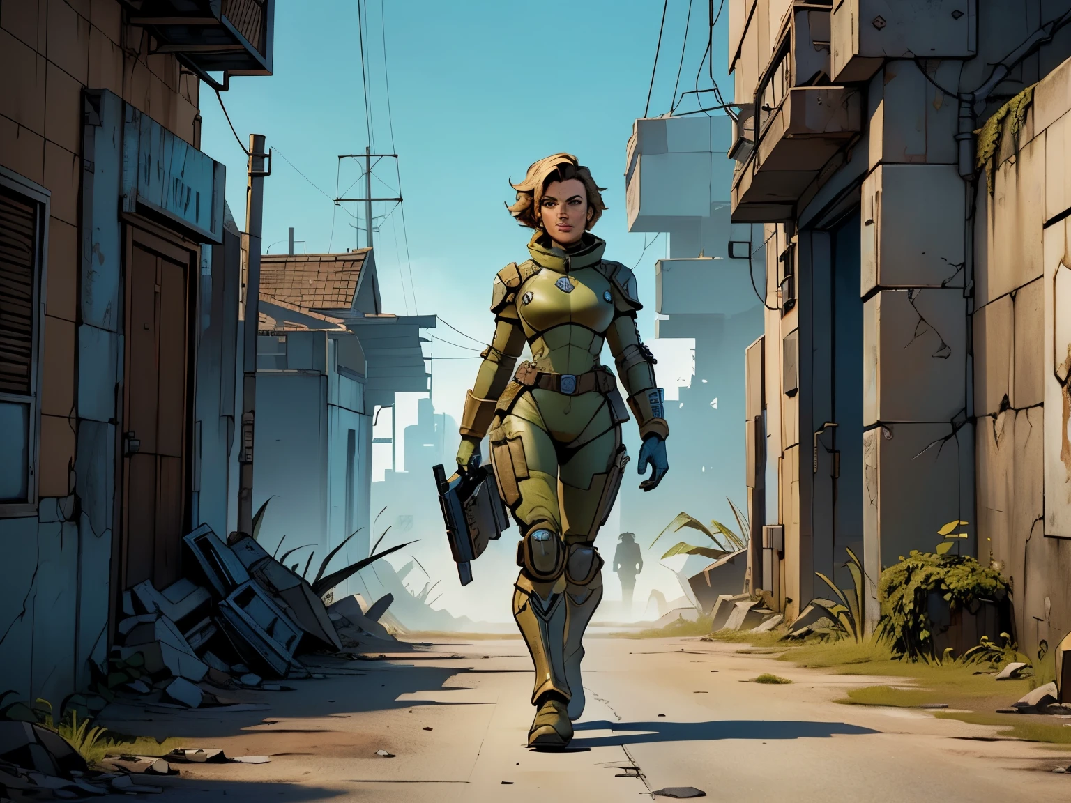 um personagem do jogo fallout 3, caminhando sozinho por uma cidade em ruinas, jogo fallout 3, ((uma personagem feminina usando Armored Vault jumpsuit azul com detalhes em cinza, universo de fallout 3)), cidade em ruinas, melhor qualidade, ultra detalhada, bem desenhado, anatomia perfeita, proporcional, character within the golden ratio of the scene