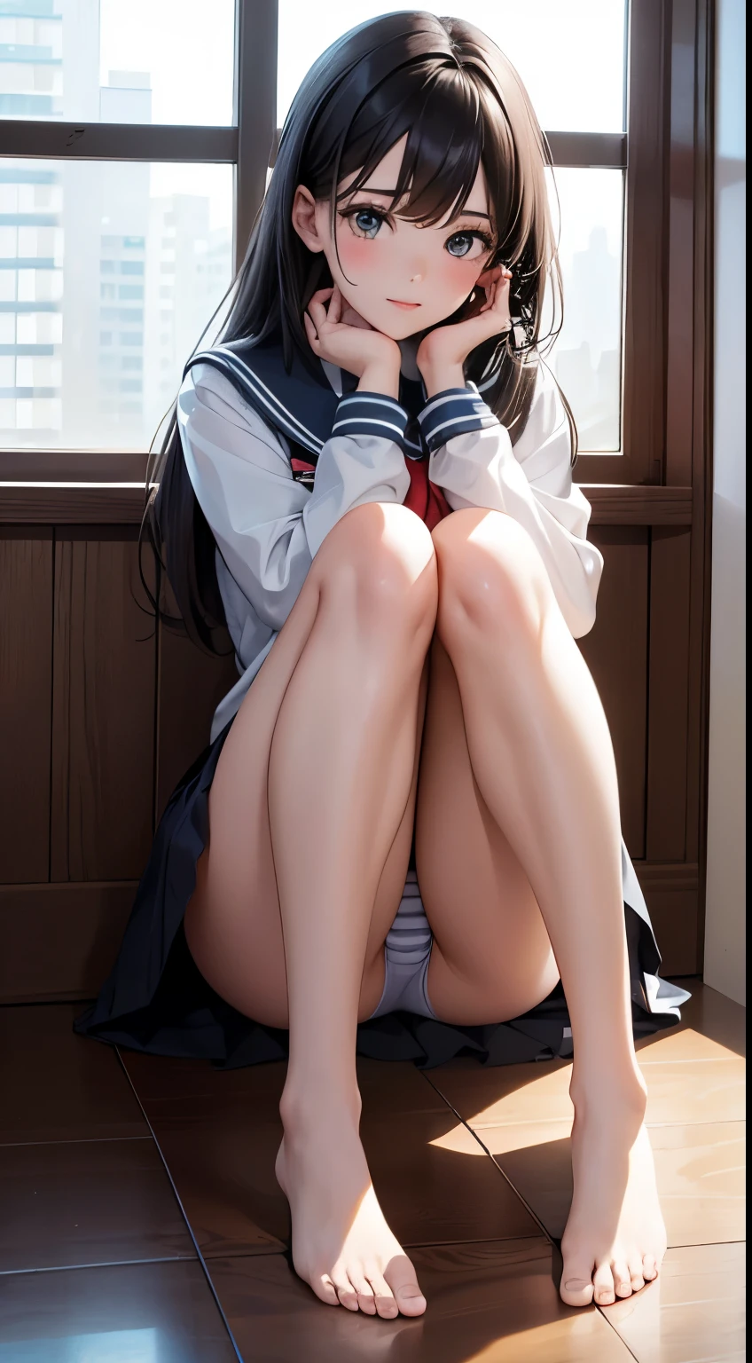 ulzzang -6500-v1.1, (Raw foto:1.2), (Photorealsitic:1.4), a beautiful detailed girl, ighly detailed eyes and face, beatiful detailed eyes, Ridiculous, unbelievable Ridiculous, huge filesize, ultra-detailliert, hight resolution, ighly detailed, top-quality, masterpiece, ((High school girl taking off uniform),(close to naked)), illustratio, ighly detailed, nffsw, unification, 8K Wallpaper, magnifica, finely detail, masterpiece, top-quality, Highly detailed ticker uniform 8K wallpaper, Light on the Face、电影灯光、 girl、((witheout panties))、((dynamicposes)))、(camel tiptoes)、(half)、(Barefoot without pantyhose)、(Beautiful knees)、(Sitting on legs bending the knees)、(The soles of the feet are visible)、(tiptoes)、(Sit with your knees bent)、(Open your knees well enough))、Hands up、Raw feet、white sock