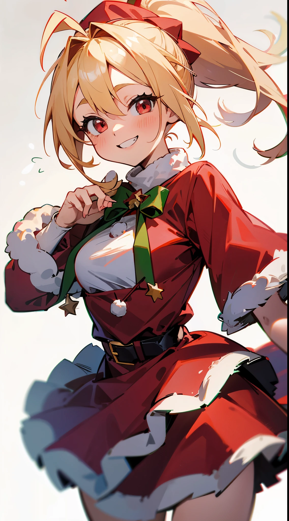 1girl in、Blonde ponytail、Ahoge、big round red eyes、small tits、A smile、Laugh、Christmas、Dressed in Santa Claus costume、Colors based on red and green