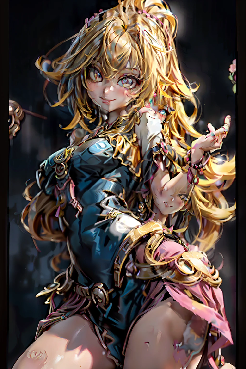 anime, Mujer, solamente, Cabello largo, They are smiling, debajo de los senos, cabello rubio dorado, cabello lacio desordenado, cabello encrespado, ojos amarillos dorados, cuerpo completo, Orejas de caballo, Conjunto de punk rock,