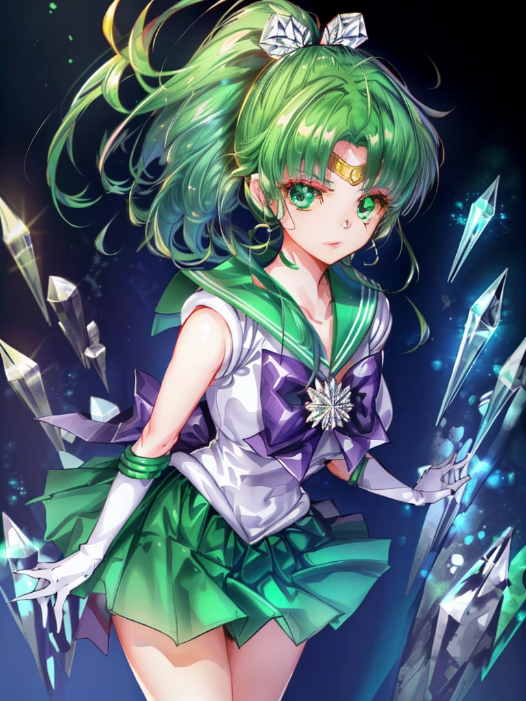 (8K, Best Quality, tmasterpiece:1.2),\(eye detailed\),\(Facial features\),(\(Detailed details of clothes\)\),(huge title body esbian, Super skirt,Sailor Senshi Uniform,(Facial Focus) ,Very detailed CG Unity 8K wallpaper,hugefilesize,ultra - detailed,hight resolution,absurderes,beautidful eyes,Ray traching,Dramatic shadows,Up to detail,Dramatic angles,Hyper-detailing,(独奏で),anime styled、Very long straight ponytail hair tied with a ribbon、Green head hair、Green sailor color、Green Absolute Short Mini Scarbow Gloves、(Crystal on background:1.2)、1girl in、独奏