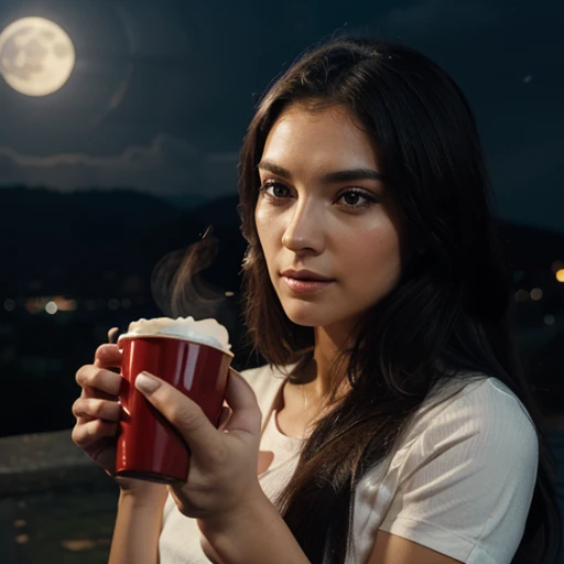 ultra realistic, under a beautiful full moon night sky, a beautiful girl looks at the moon and is pensive while enjoying hot coffee which is so beautiful, very detailed, ultra HD