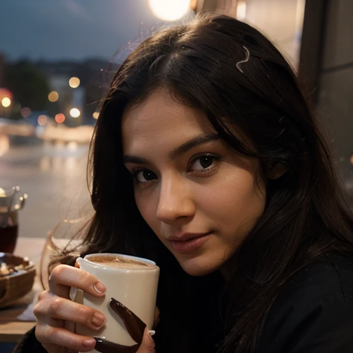 ultra realistic, under a beautiful full moon night sky, a beautiful girl looks at the moon and is pensive while enjoying hot coffee which is so beautiful, very detailed, ultra HD