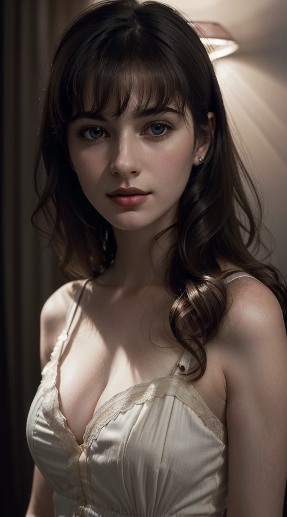 (RAW photo, best quality), ((Nostalgia,1980s syle)),(A girl with a literary atmosphere:1.2),(realistic, photo-realistic:1.3), extremely delicate and beautiful, Amazing, finely detail, masterpiece, ultra-detailed, highres,best illustration, best shadow,intricate,depth of field,(closeup portrait of a young beautiful woman:1.2),long hair,messy hair,((((low key,dark scene,dimly lit)))),(((soft lighting:1.4))),(pale skin:1.4),(shy smile),(cinematic angle),sharp focus, volumetric fog, 8k UHD, DSLR, high quality,( film grain:1.4), Fujifilm XT3,(looking at viewer), pale skin