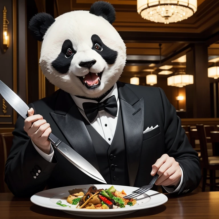 a panda,Anime style,Eating with a knife and fork,upscale restaurant,gothic styles,Front composition,wearing tuxedo.