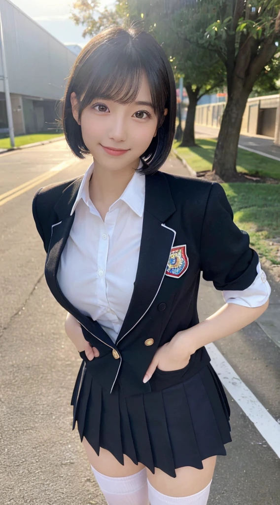 (top-quality,8K picture quality,masterpiece:1.3),(超A high resolution,Photorealsitic:1.4,Raw photography),(ultra-detailliert,Caustics,Detailed background),(Ultra-realistic capture,Beautifully detailed skin,perfect anatomia),at the sunset,Sunset sky,school buildings,school ground,18year old,large full breasts、kawaii,Single eyelid,Black hair short bob,School Blazer Uniform,Looking at the camera,A smile,Beautiful thighs、Standing pose with slim legs、White School Socks、Brown loafers、natural soft light