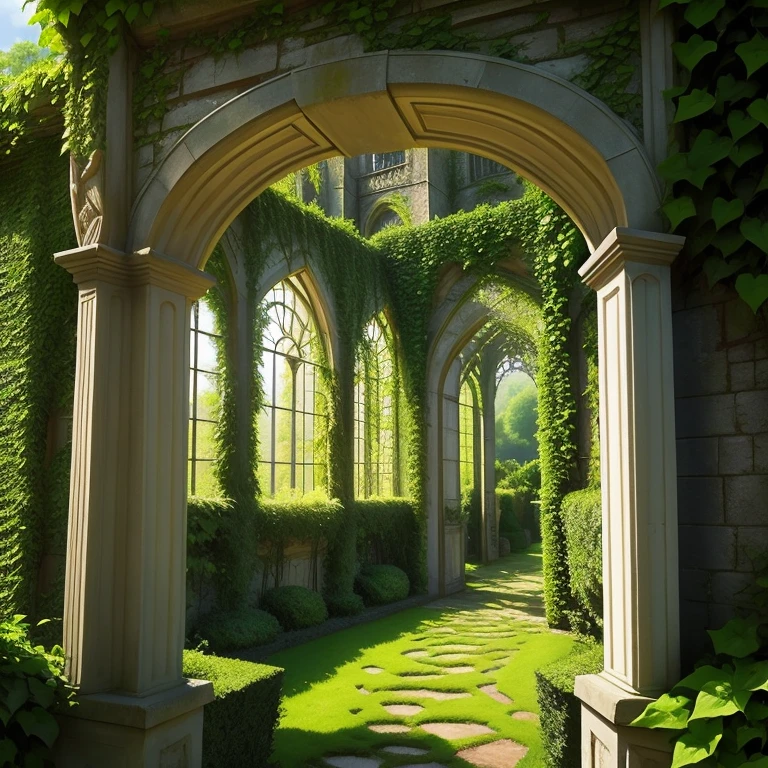 Underworld,A green maze made of ivy,Set in the beautiful gardens of a fabulous castle on a wooded hilltop,Faraway view,Overlooking,rays of sunshine,downy