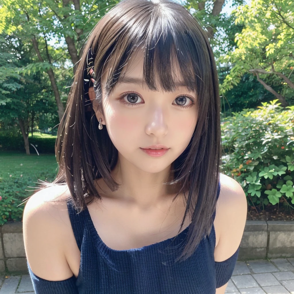 (Best Quality,4K,8K,hight resolution,masutepiece:1.2),Ultra-detailed,extremely detailed eye and face,Beautiful detailed eyes,Beautiful detailed lips,long eyelashes,((Realistic)),Photorealistic:1.37,japanes,fine-grained white skin,((Dark blue mini pleated skirt)),beautiful and magnificent composition,Marshmallow-like skin,masutepiece,Attractive,Posing for a photo,,Cute,Dark blue high socks,((Silver hair color)),silky smooth and straight hair,(bandeau top),Outdoor on a sunny day,healthful,(with round face),Hands on hips,Full-body standing figure,