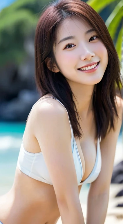 Generate a full-body portrait of someone posing to emphasize their chest like a gravure idol taking a photo at the beach in Hawaii.。close-up of woman, Realistic. cheng yi, beautiful Korean women, beautiful portrait image, A smile like smiling at a lover , gorgeous faces, Stunning anime face portrait, Korean Girl, hightqualityのポートレート, Beautiful limbs stretched out in detail , Beautiful delicate face, Photorealistic beautiful face, Beautiful young Korean woman, beautiful realistic face, Cute delicate face,cute-fine-face , curly hair, subjective perspective, Retro Flare, f/2.2, 200mm, Leica, UHD, retinas, masterpiece, exquisite, tre anatomically correct, Skin texture, super detailing, high detal, hightquality, 最hightquality, hight resolution, 1080P, HD, 4K, 8k,Bikini swimwear , gravure idol body shape , G Cup Bust