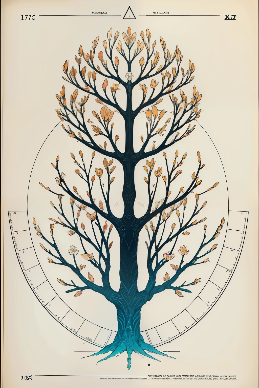 Image of a Pythagorean tree in black and white, with thick lines and light strokes. The roots of the tree are deep and strong, the trunk is tall and erect, os galhos se espalham para cima e para fora, and the flowers are colorful and vibrant. The leaves are triangular, with different sizes and spacing.