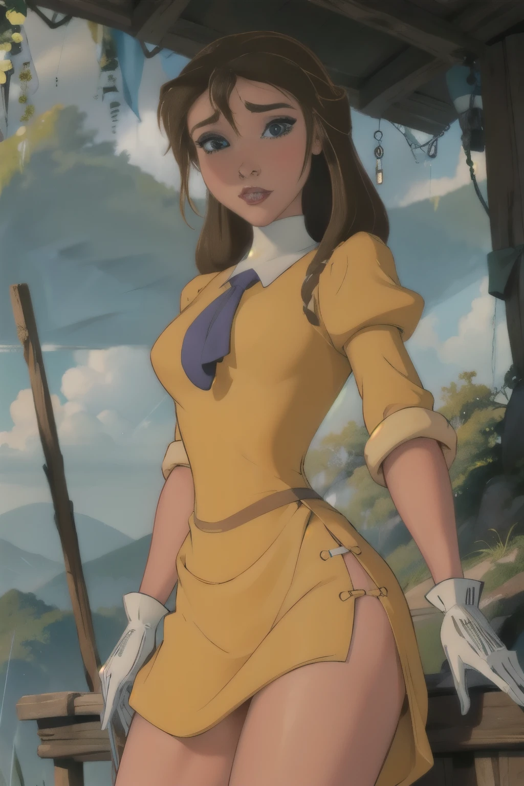 Masterpiece, ultra detailed, best quality, 8k, pikkyjane,1girl,solo,looking at viewer,brown hair,long hair,blue eyes,breasts,medium breasts,gloves,dress,makeup,yellow short dress,white gloves,lipstick,big thighs