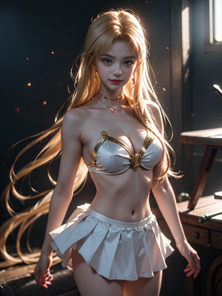 tmasterpiece,Highest image quality,super detailing,Best quality ,Extremely Delicately Beautiful, Very meticulous,Best quality, offcial art, extremely detaild的 CG unified 8k wallpapers,(CG Unity 8K wallpaper in extreme detail,tmasterpiece,Highest image quality),(Delicate light and shadow,The picture is highly dramatic,Cinematic lens effect), (the sailor moon:1.1),Charming smile,double tails, eBlue eyes,golden hair, tight top,whitegloveini-skirts,dynamicposes),The background is the universe(Exceptional detail,The lighting effect is outstanding,Vista wide angle),(Excellent rendering,Enough to stand out from the crowd),Sexy big breasts,The sexiest look,braided bikini,