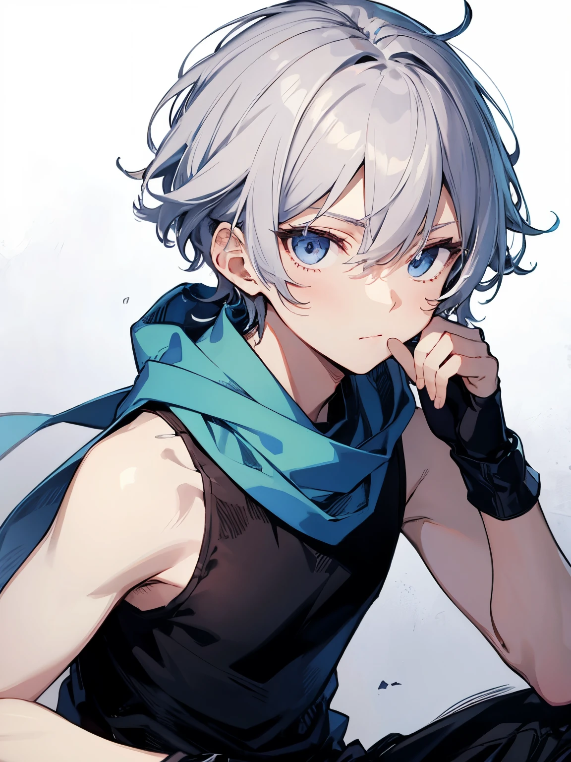 1boy, ember、独奏、Silvery head hair、thief、shorth hair、short sword、cover your mouth with a blue scarf、glares、sharp eye、Tank Tops、Clear illustrations