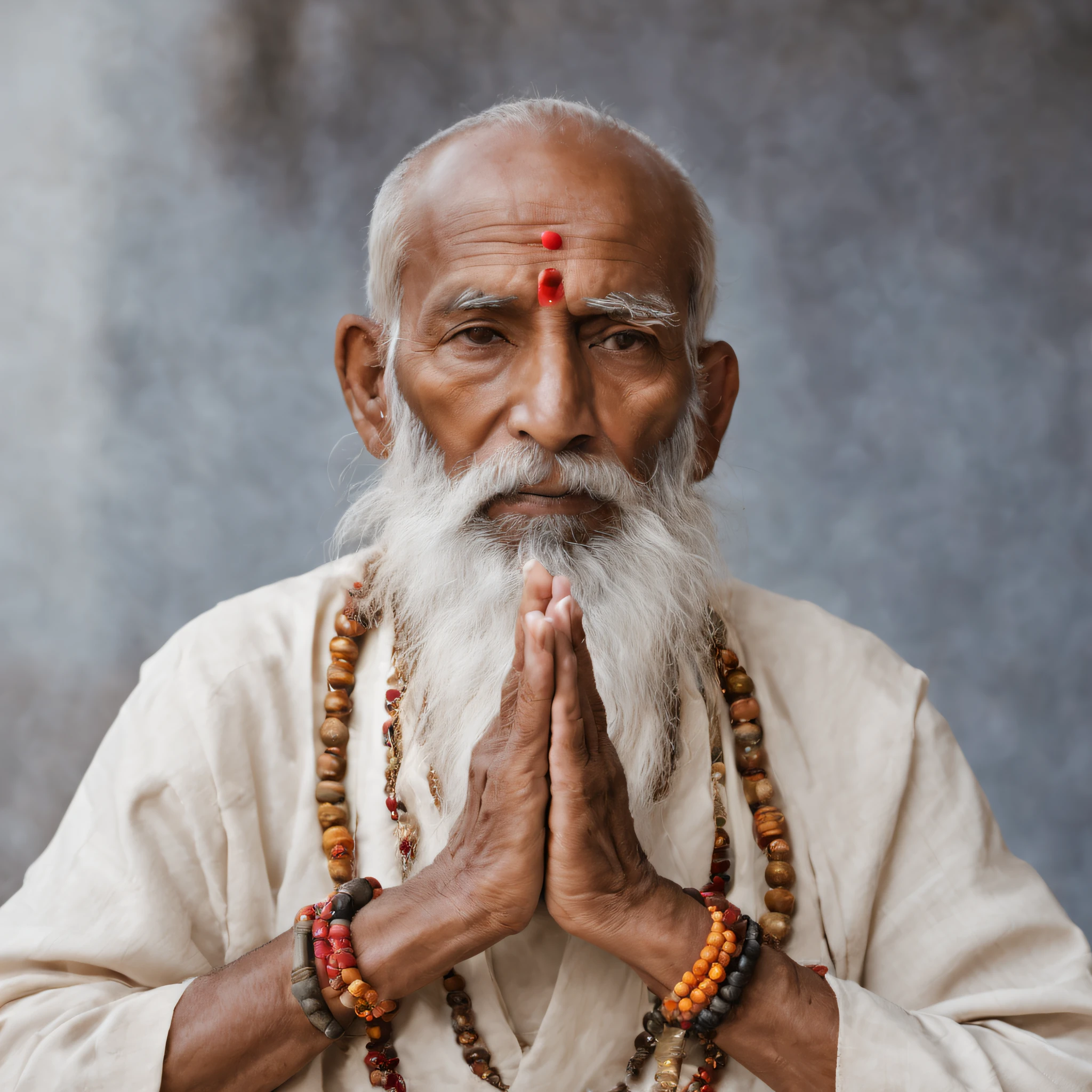 authentic photograph depicting an elderly Hindu priest deep in meditation. Capture the realistic features of his long white beard, hands adorned with prayer beads, and a facial expression that balances seriousness with a sense of calm. Ensure the camera angle highlights his square jaw and the visible wrinkles, symbolizing the wisdom earned through the passage of time