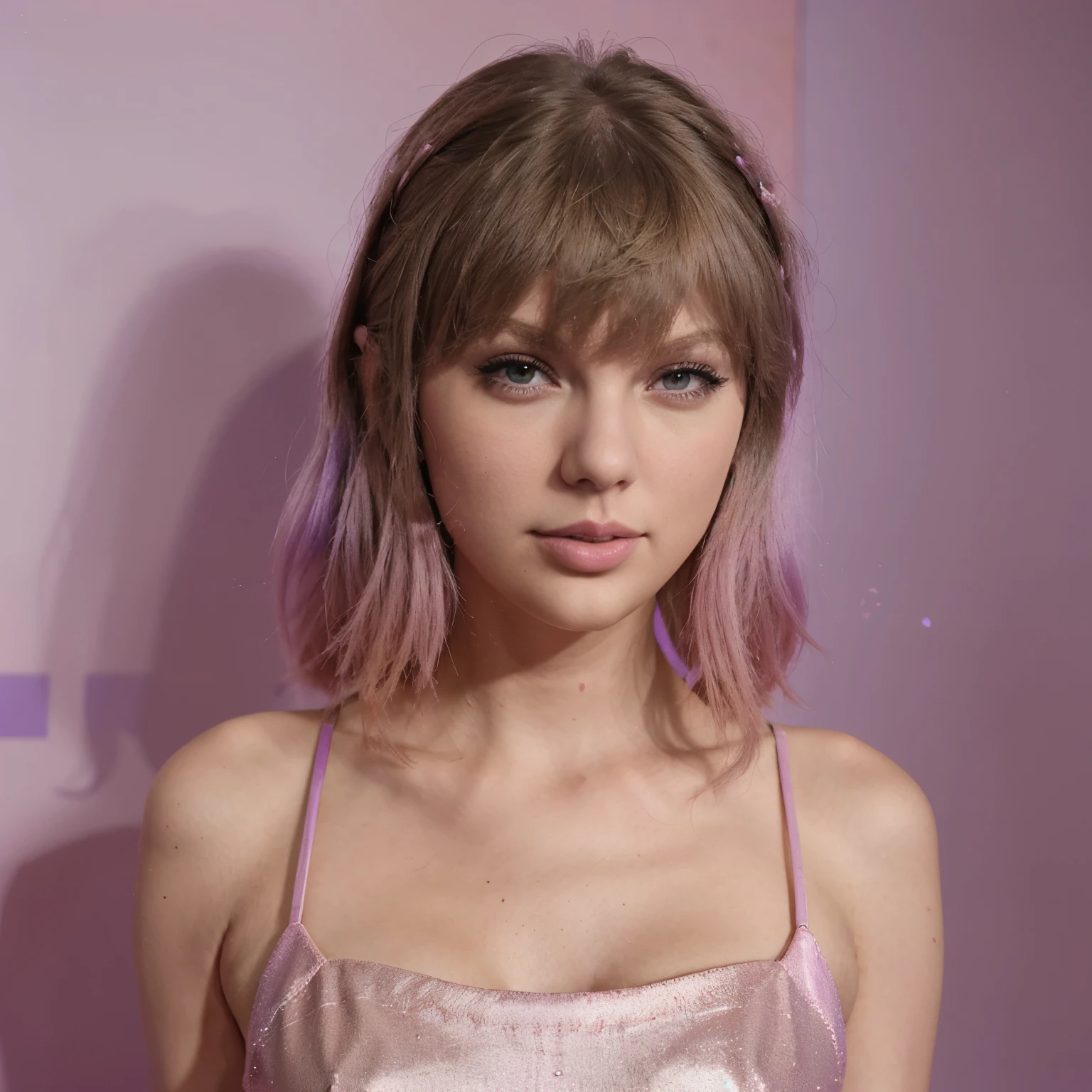 make Taylor swift in front on a pink to purple gradient backdrop