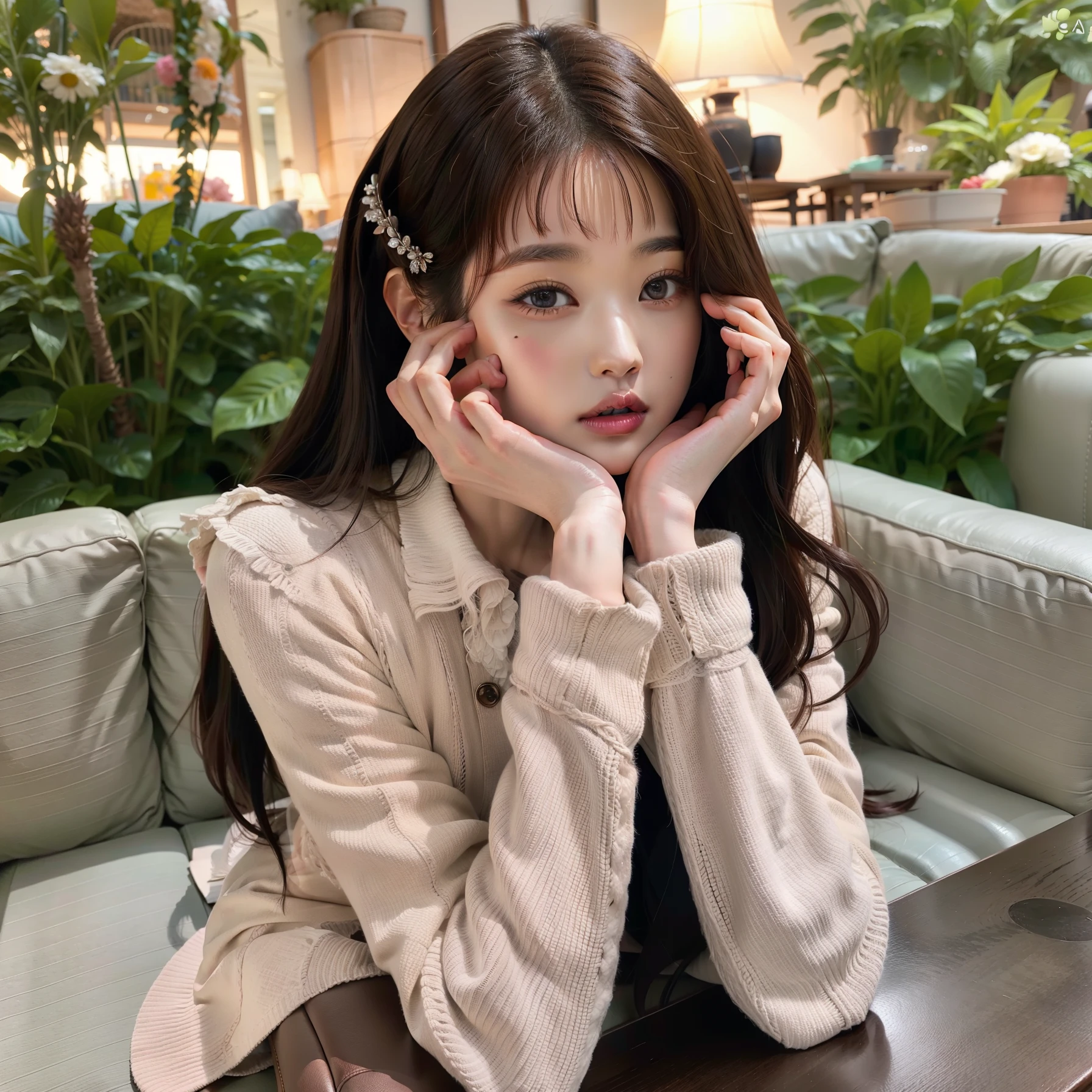araffe asian woman sitting on a sofa with her hand on her chin, Lalisa Manobal, ulzzang, Bae Suzy, Lalisa Manoban de Blackpink, long hair con flequillo completo, neat hair con flequillo, long hair con flequillo, Chica coreana, Jaeyeon Nam, El Corte Hime, con flequillo, con flequillo completo, Jinyoung Shin
