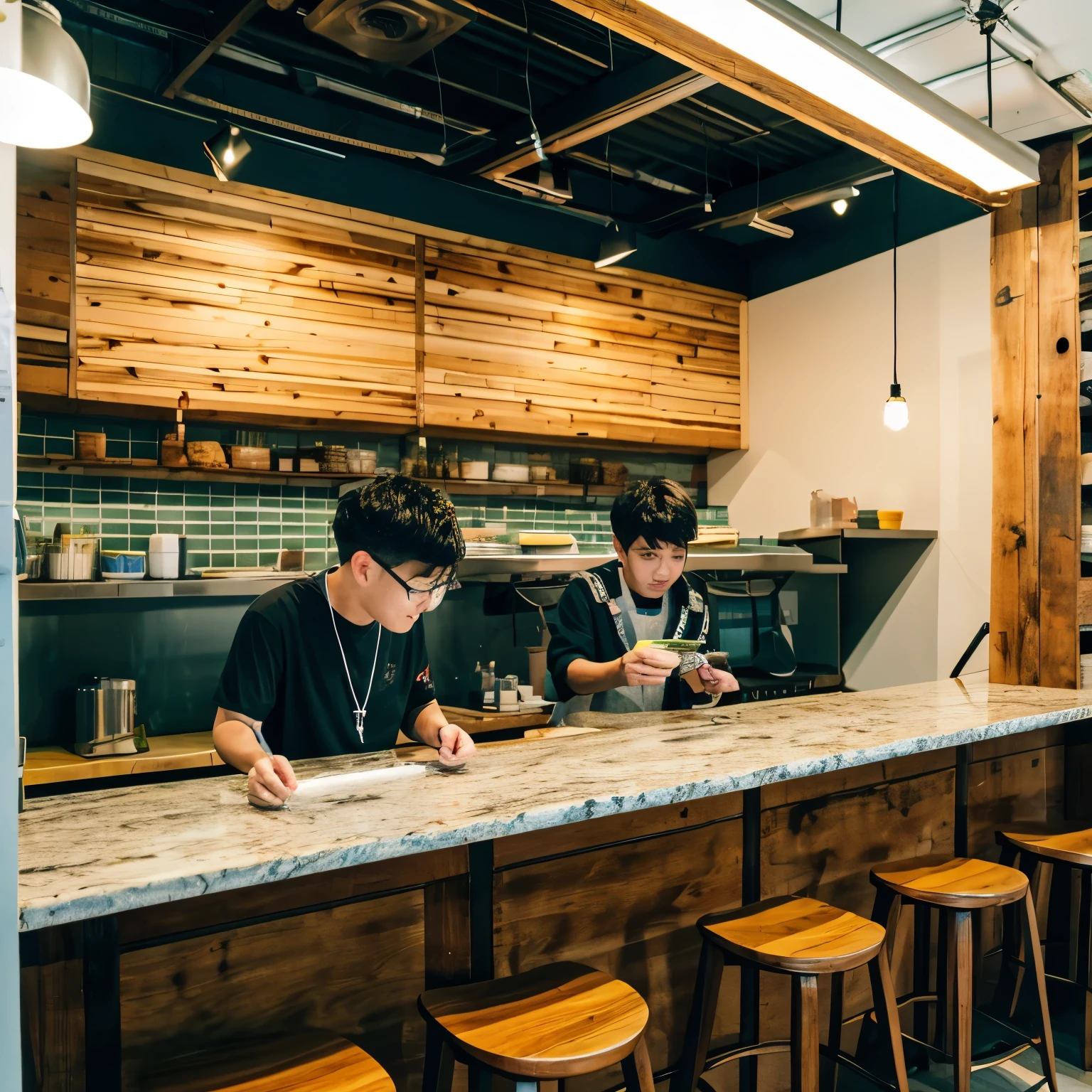 Ramen shop 2 men eats counter