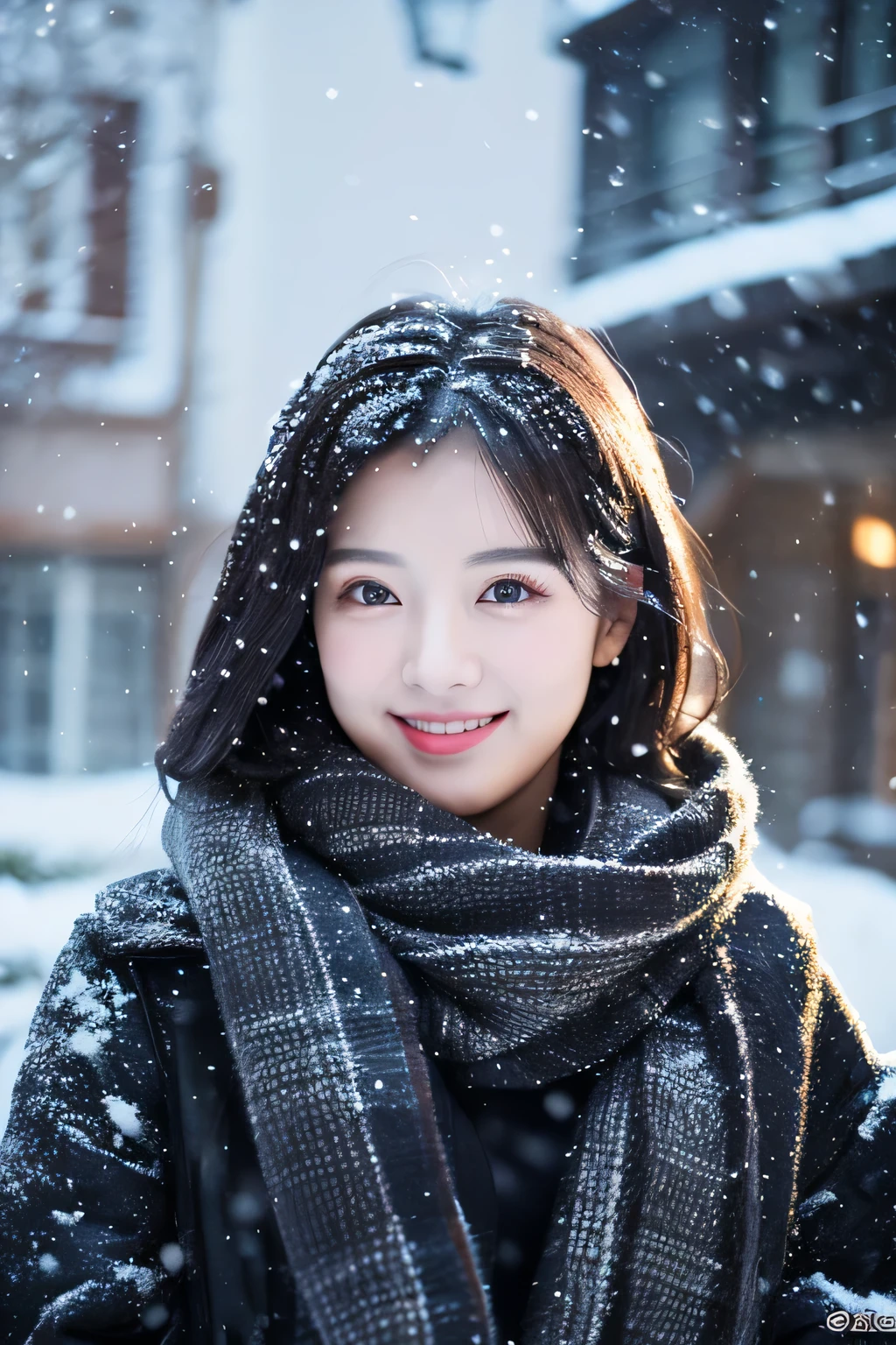 (masutepiece、Top image quality、4k、8k、)、It's snowing、Woman stretching out her arms and trying to grab snow falling from the sky、kawaii faces、Wearing a long coat、girl with:0.3、The sight of falling snow:1.0、Cinematic direction、Lighting with great attention to detail、A hand that pays attention to detail