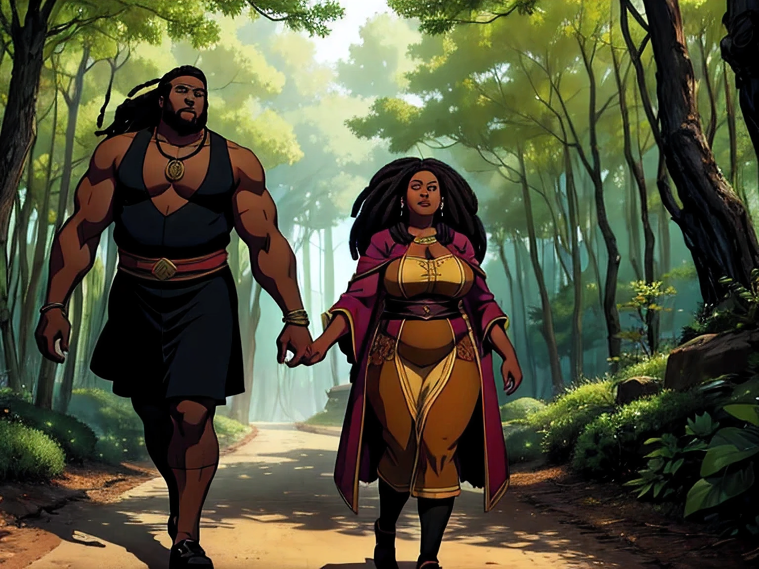 fat black woman guiding a sad black warrior through a forest, man with dreadlocks, fantasy, path in th e wood