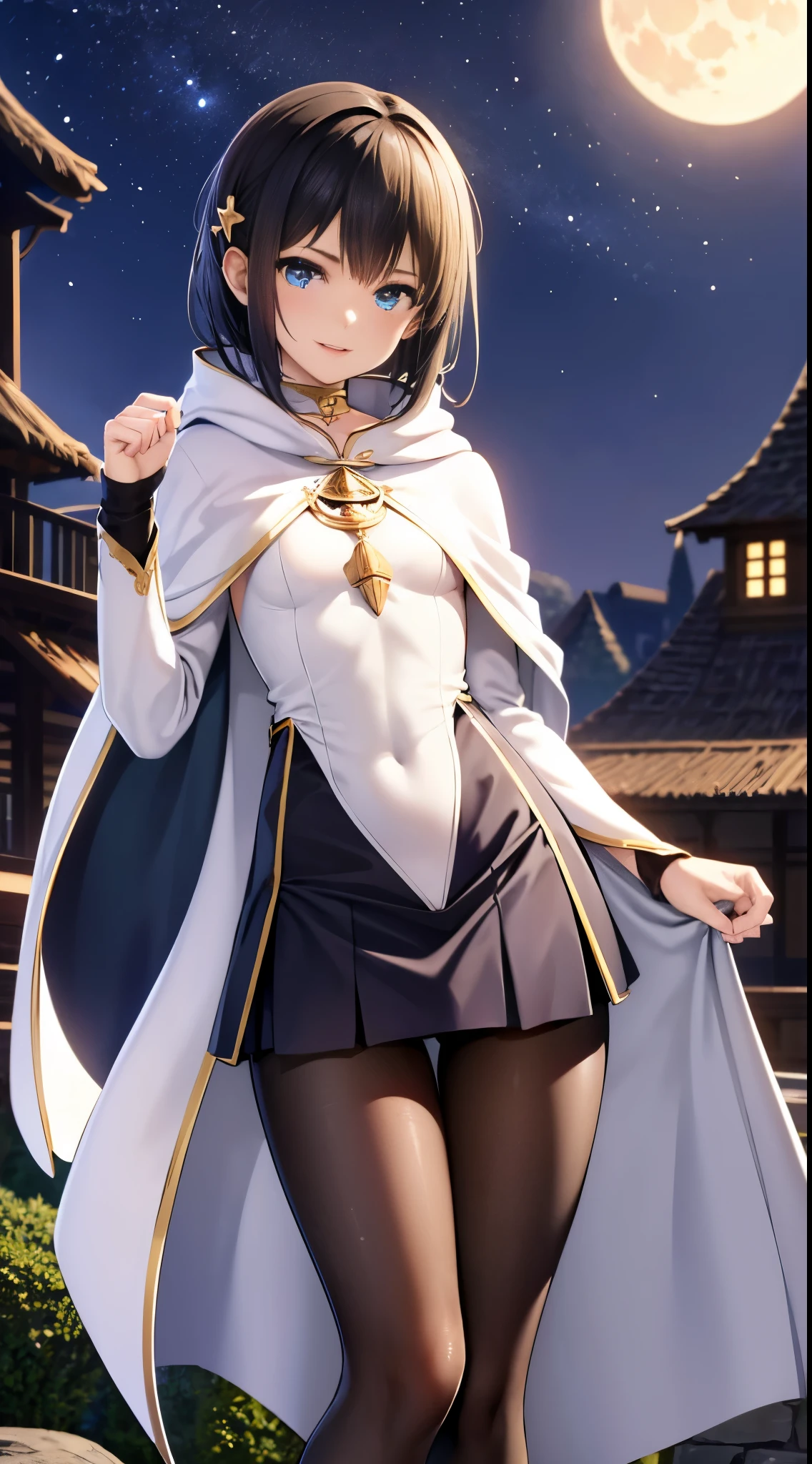 One lady,25-years old,(() ,((())), (()), (())((I'm opening my mouth)),((micro skirt, bodysuit and short cloak)),,(A dark-haired,),((Fantasy,Moon Night))((Clothes are torn))