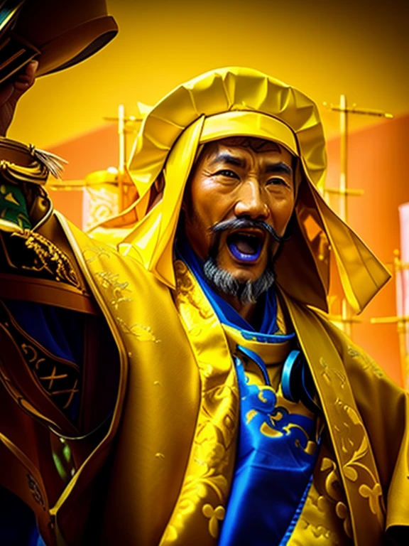 Close-up of a man wearing a yellow hat and yellow robe, Inspired by Shihaku, inspired by Hu Zaobin, guanyu, inspired by Huang Shen, naranbaatar ganbold, Inspired by Huang Ding, inspired by Wu Daozi, inspired by Li Kan, Magnificent Magnificent Degen Trader, bian lian