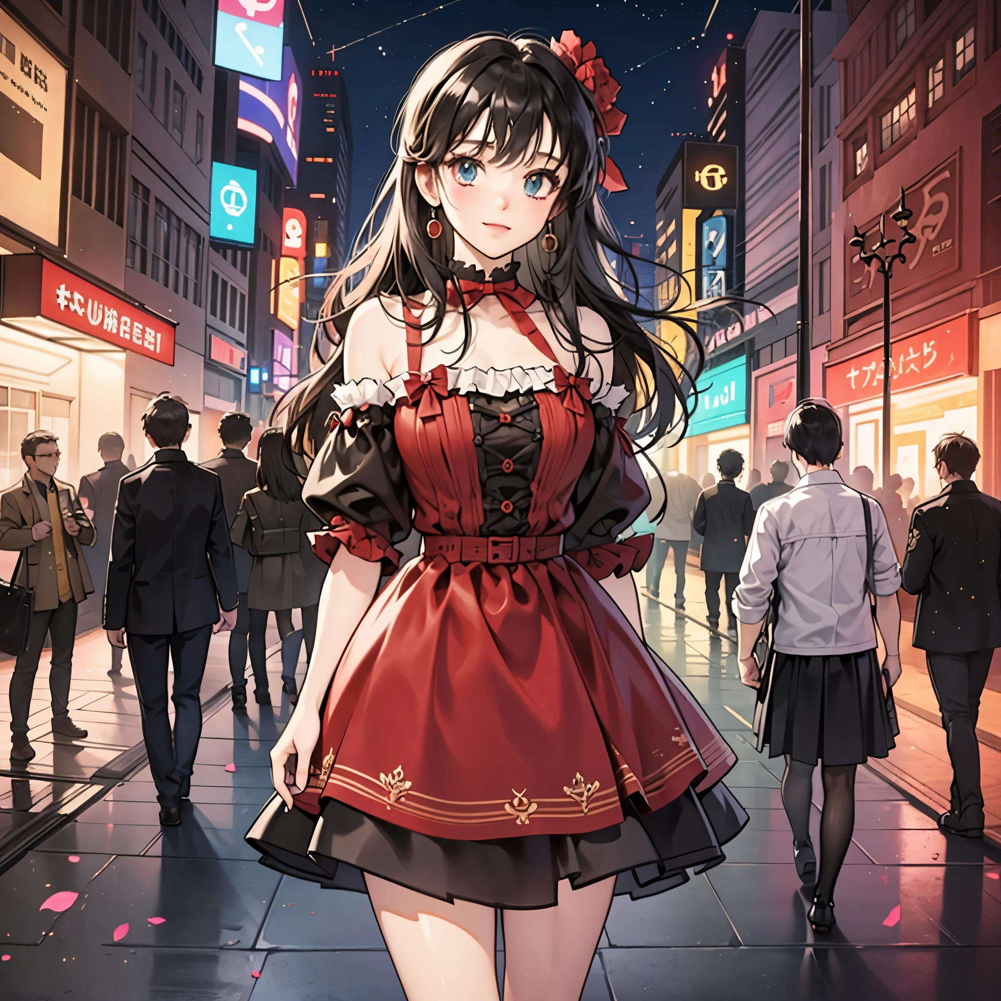 a pretty girl in a red dress standing in the night street --auto --s2
