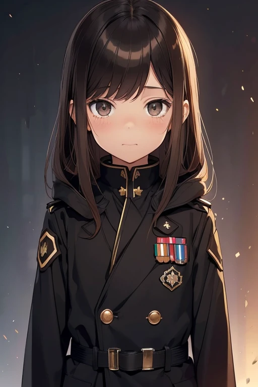 top-quality, Top image quality, Brown hair, Girls have long hair, Straight, Brown eyes, childish, 8years old, shush, drooing eyes, gently smiling,((Black long coat)), ((Black military uniform)),