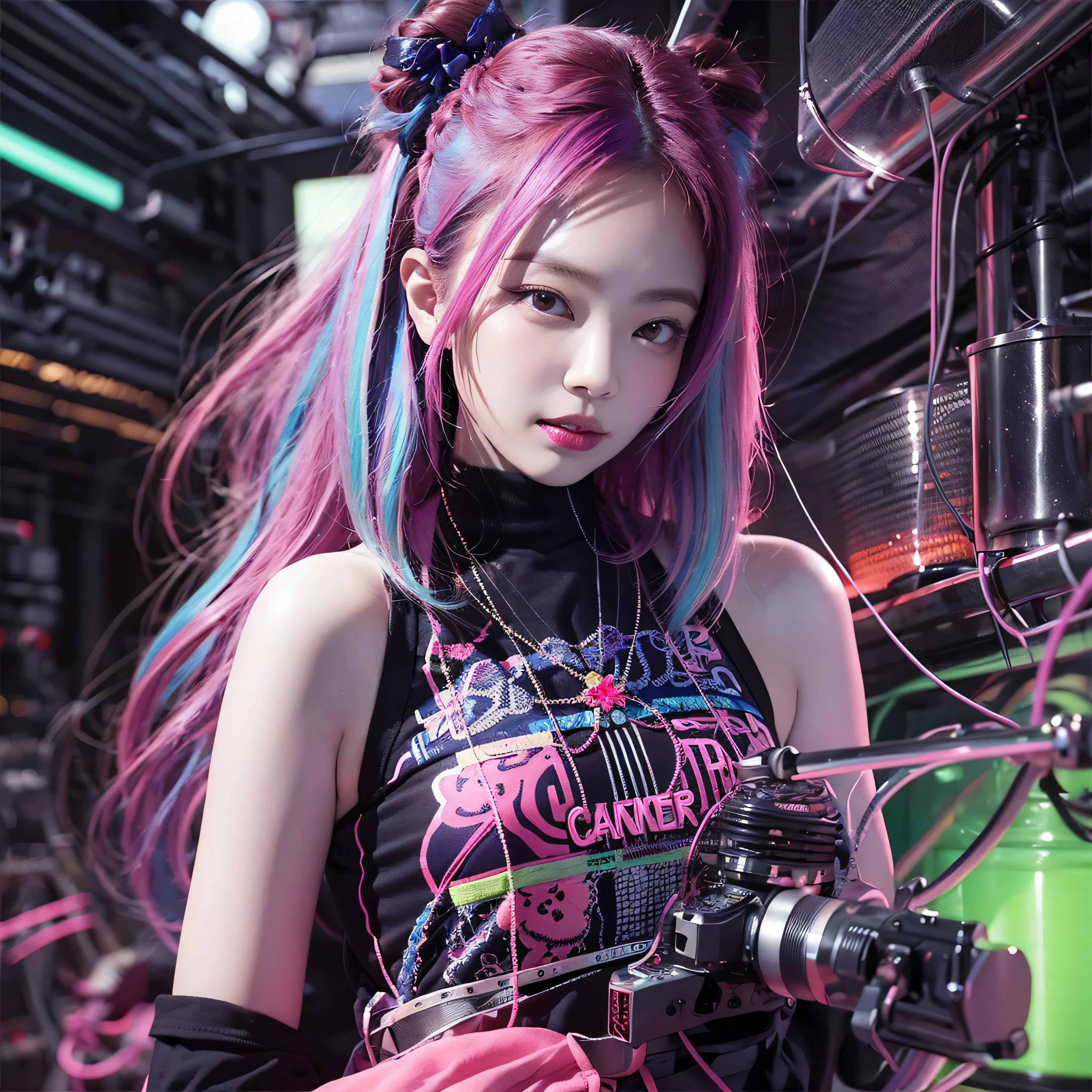 (masterpiece, top quality, best quality, official art, beautiful and aesthetic:1.2), (photoreal:1.5), BREAK 1 girl with a bunch of candy and a candy machine in her hand and a pink background with stars, upper body,smiling break Alice Prin, photo, a detailed painting, pop surrealism, (neon color hair:1.5),strong wind,giant marshmallow candy machine break needlework, intricate designs, textile art, handmade details, creative expression, colorful threads, cyberpunk, neo-dada BREAK, Jennie Kim,