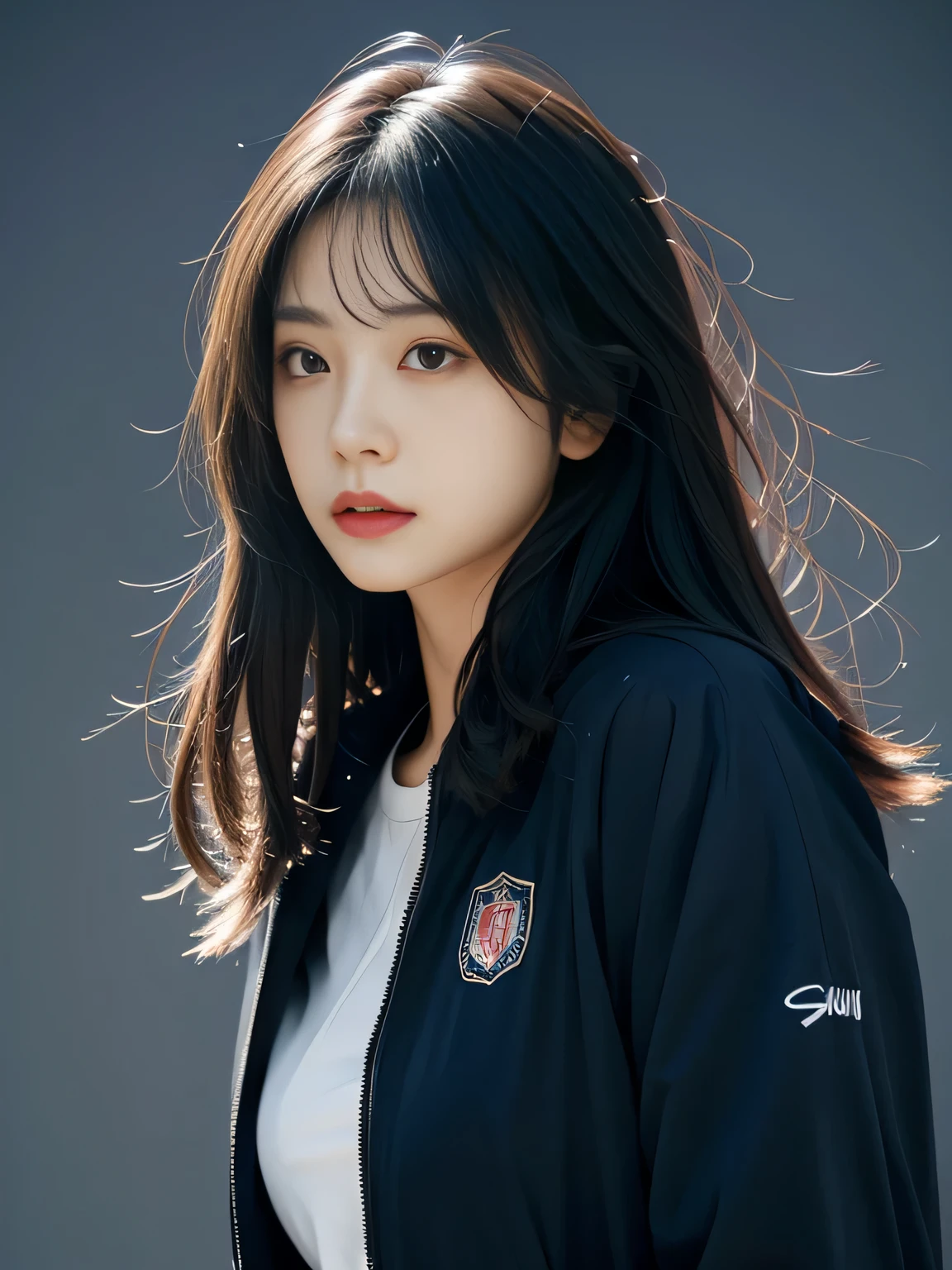 tmasterpiece, Best quality, 4K, hyper HD, Sanzhuang City, Draw one, Beautiful eyes and delicate face, illuminations, Beautifully meticulous, high resolution illuminations, glowing_The white_Particle, 1 busty girl, The white hair, Lilac eyes, hair covering one eye, short side details, baseball cap,face expressionless, 窗帘, Black jacket, equip, cyber punk personage, techwear outfits,(Impresionismo:1.4)