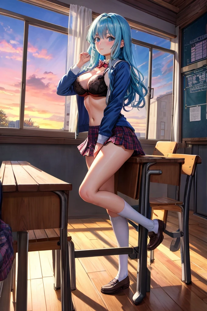(hyper realisitic), (8K), (Extremely detailed), (Best Illustration), Beautiful detailed eyes, (Best Quality), (Ultra-detailed), (masutepiece), 1girl, Anime Beautiful Girl, Beautiful anime, Beautiful animeの少女, an anime girl, hightquality, with sunset, 魅力的なan anime girl, 可愛いan anime girl, realistic cute girl painting, Anime style. 8K, School uniform,full body, Sky blue hair, long hair, huge tit,detailed tits, In the classroom of the school, Dark blue jacket, Red checked skirt,Black lace bra, Black lace panties, looking up at the girl from below,Like tempting,Engaging pose,Straddling a triangular wooden horse,