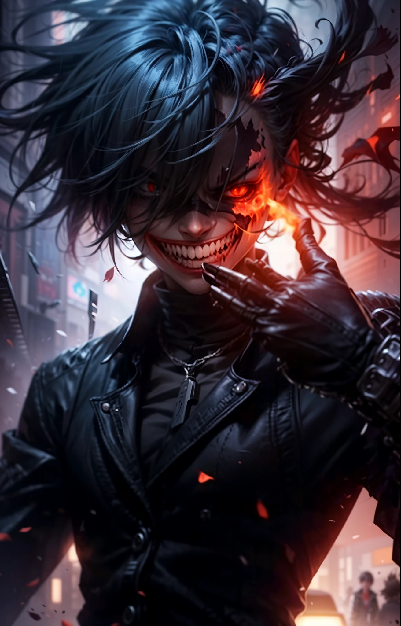 a boy with a demonic face, joker laugh  and a black jacket holding a knife, ken kaneki, cyberpunk horror style, with red glowing eyes, kaneki ken, tokyo ghoul, with glowing red eyes, dark and horror style, epic anime style, by Yang J, evil smile and glowing eyes, anime cyberpunk art, he's very menacing and evil, by Yuumei