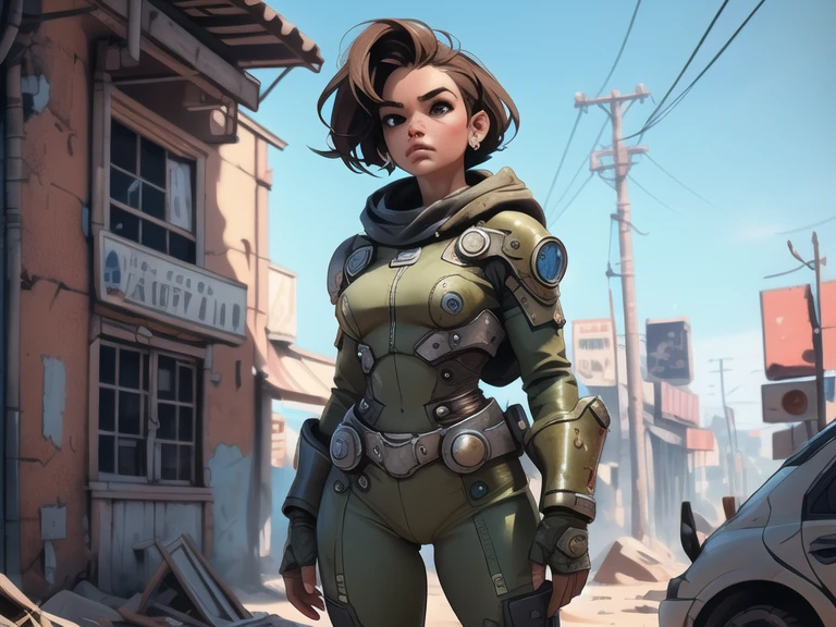 um personagem do jogo fallout 3, caminhando sozinho por uma cidade em ruinas, jogo fallout 3, ((uma personagem feminina usando [Armored Vault jumpsuit azul com detalhes em cinza], universo de fallout 3)), Natural Dynamic Pose, cidade em ruinas, melhor qualidade, ultra detalhada, bem desenhado, anatomia perfeita, proporcional, character within the golden ratio of the scene